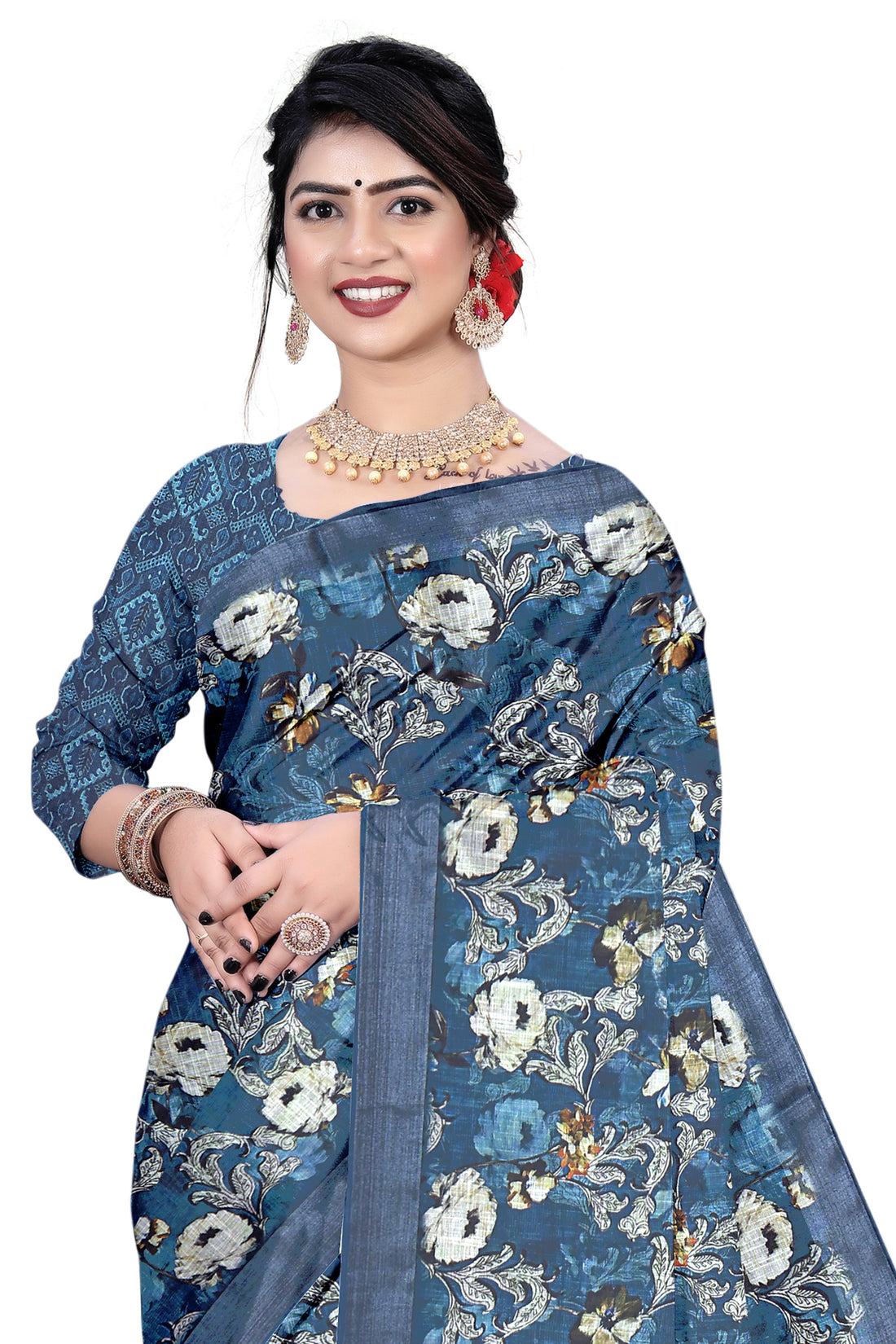 Women's Olive Paisley Printed Linen Blend Saree with Blue Border | Elegant Floral Ethnic Wear for Festive & Daily Use