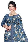 Women's Olive Paisley Printed Linen Blend Saree with Blue Border | Elegant Floral Ethnic Wear for Festive & Daily Use
