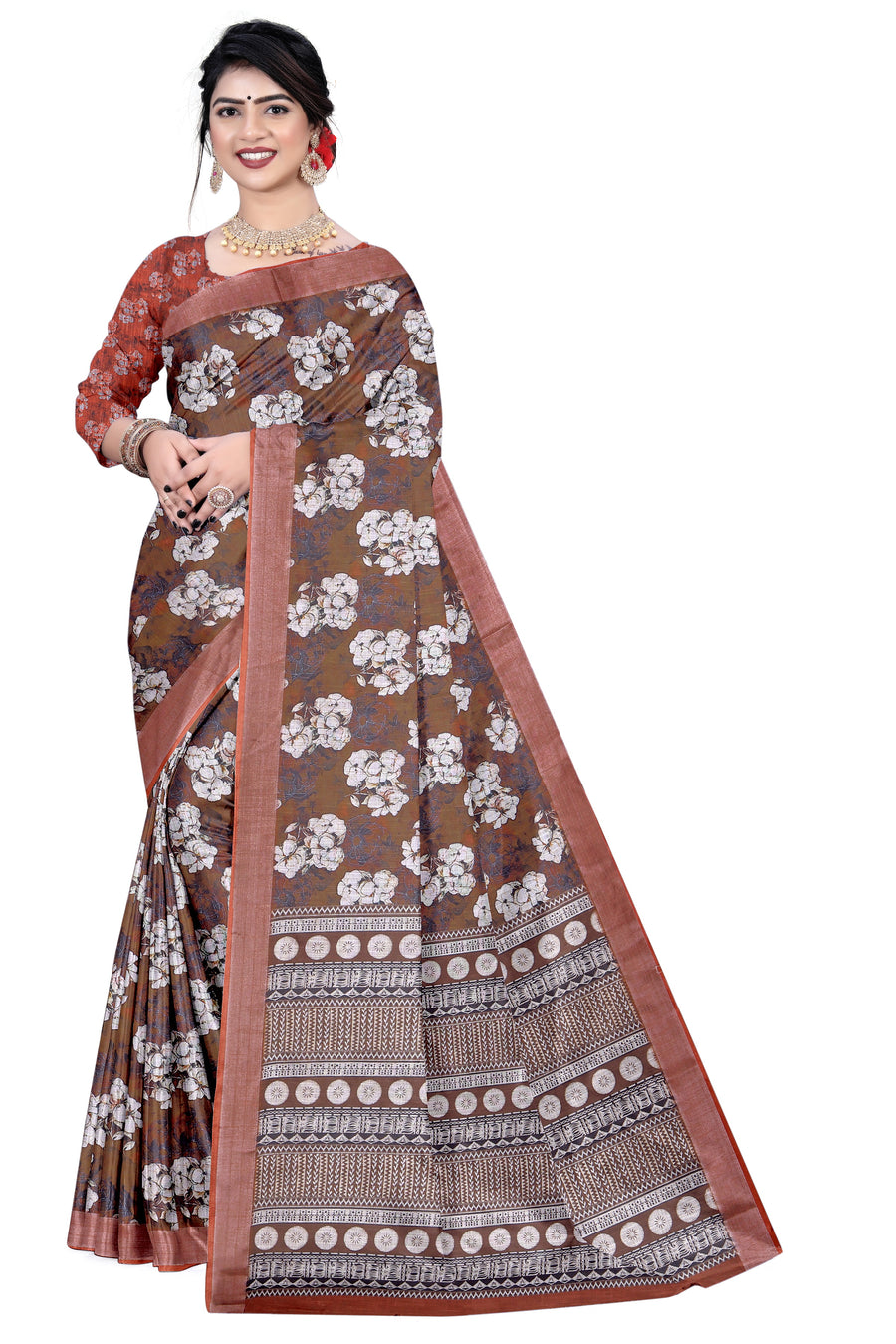 Women's Olive Paisley Printed Linen Blend Saree with Blue Border | Elegant Floral Ethnic Wear for Festive & Daily Use