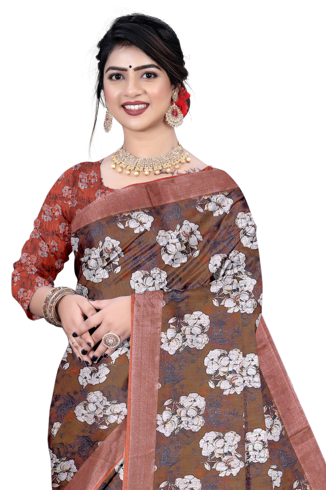 Women's Olive Paisley Printed Linen Blend Saree with Blue Border | Elegant Floral Ethnic Wear for Festive & Daily Use