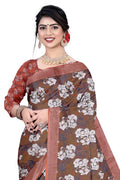 Women's Olive Paisley Printed Linen Blend Saree with Blue Border | Elegant Floral Ethnic Wear for Festive & Daily Use