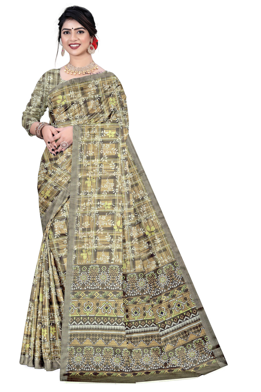 Women's Olive Paisley Printed Linen Blend Saree with Blue Border | Elegant Floral Ethnic Wear for Festive & Daily Use