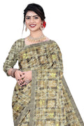 Women's Olive Paisley Printed Linen Blend Saree with Blue Border | Elegant Floral Ethnic Wear for Festive & Daily Use