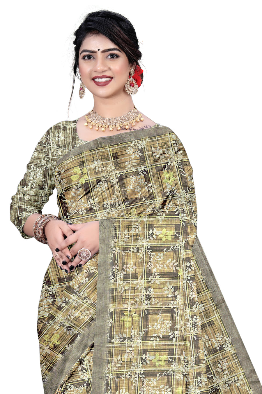Women's Olive Paisley Printed Linen Blend Saree with Blue Border | Elegant Floral Ethnic Wear for Festive & Daily Use