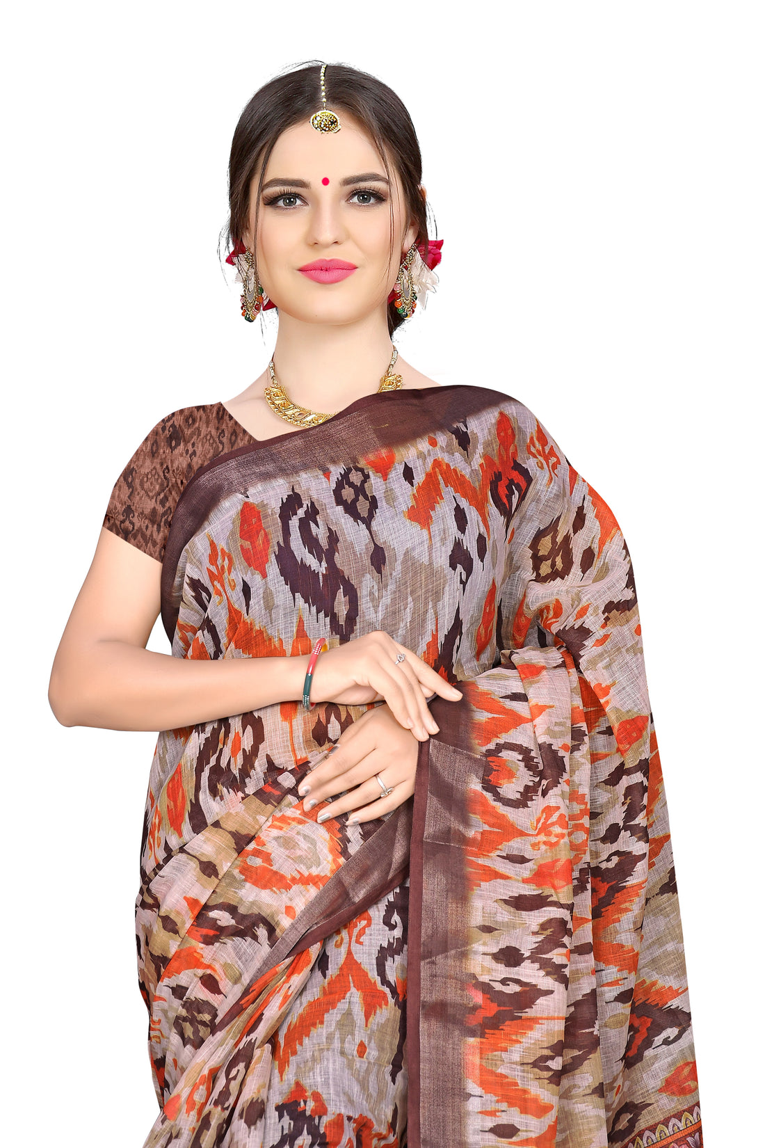 Women's Olive Paisley Printed Linen Blend Saree with Blue Border | Elegant Floral Ethnic Wear for Festive & Daily Use