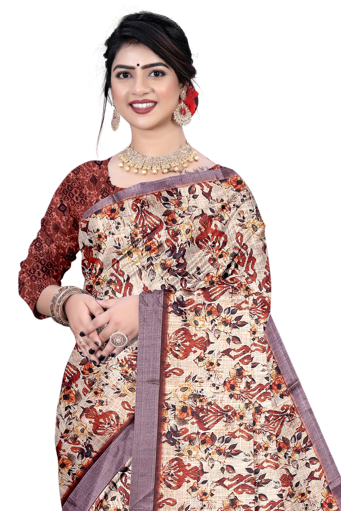 Women's Olive Paisley Printed Linen Blend Saree with Blue Border | Elegant Floral Ethnic Wear for Festive & Daily Use