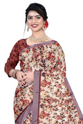 Women's Olive Paisley Printed Linen Blend Saree with Blue Border | Elegant Floral Ethnic Wear for Festive & Daily Use