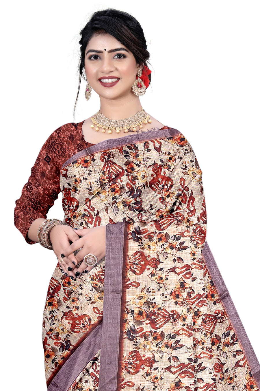 Women's Olive Paisley Printed Linen Blend Saree with Blue Border | Elegant Floral Ethnic Wear for Festive & Daily Use