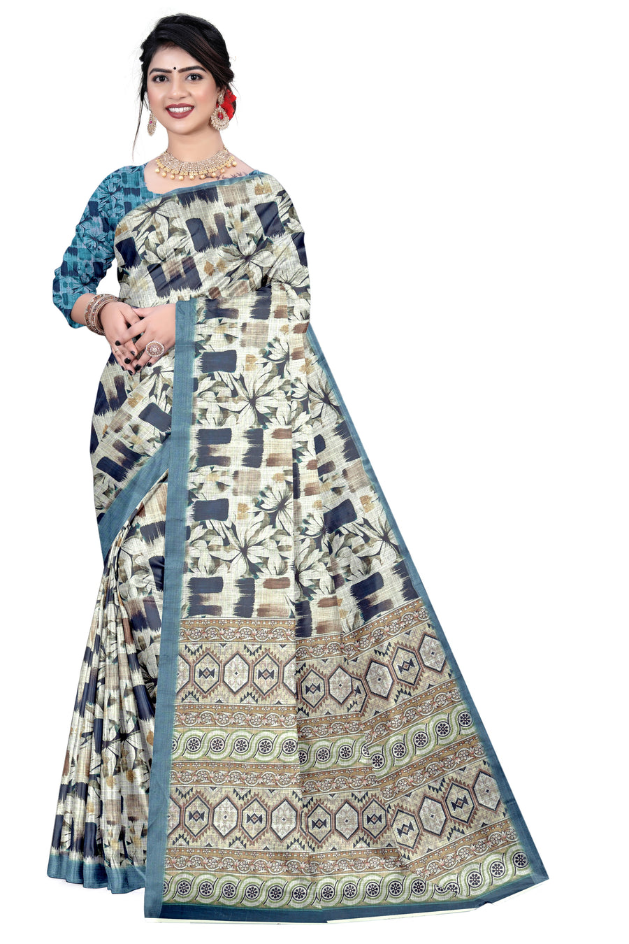 Women's Olive Paisley Printed Linen Blend Saree with Blue Border | Elegant Floral Ethnic Wear for Festive & Daily Use