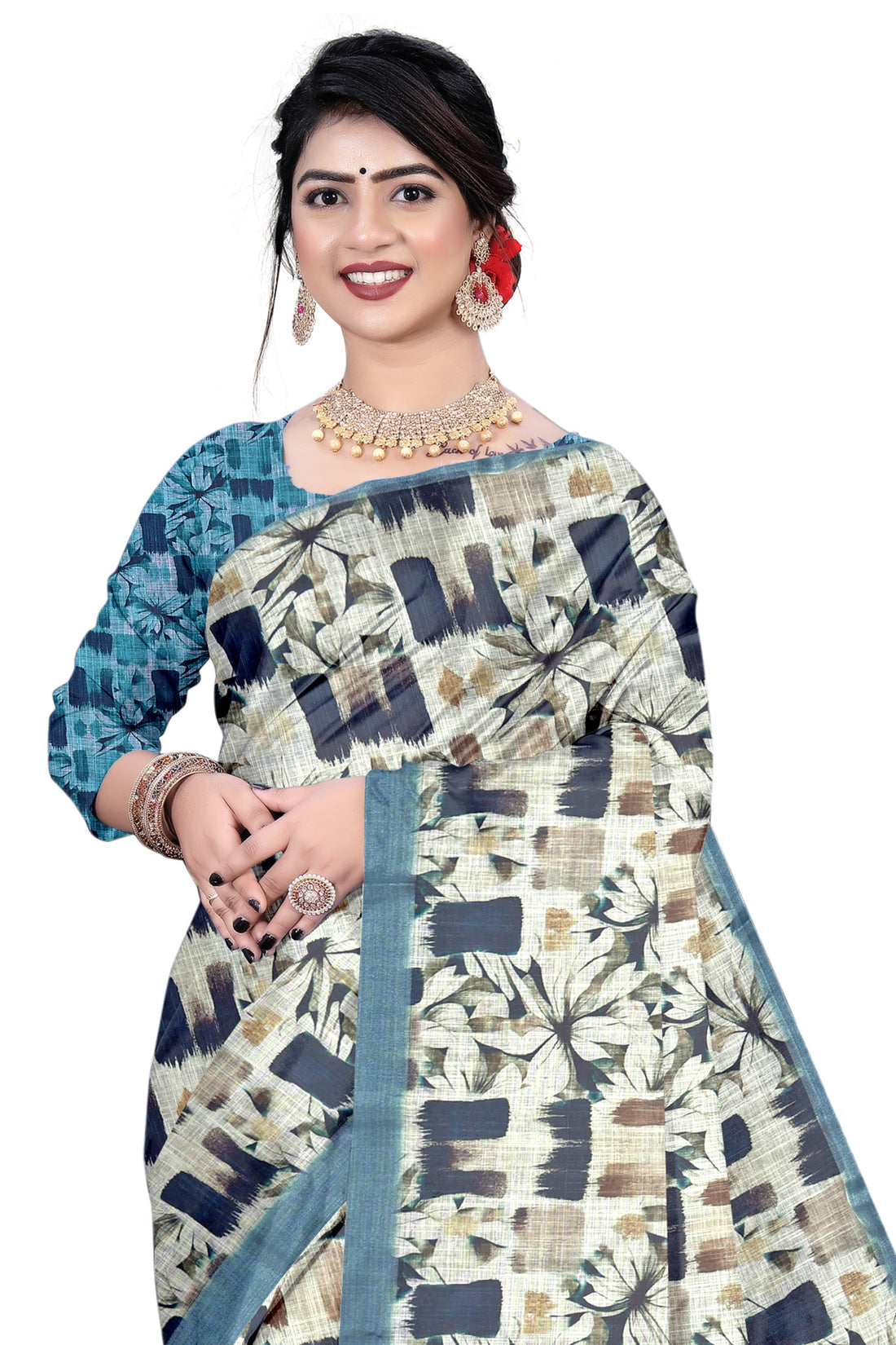 Women's Olive Paisley Printed Linen Blend Saree with Blue Border | Elegant Floral Ethnic Wear for Festive & Daily Use