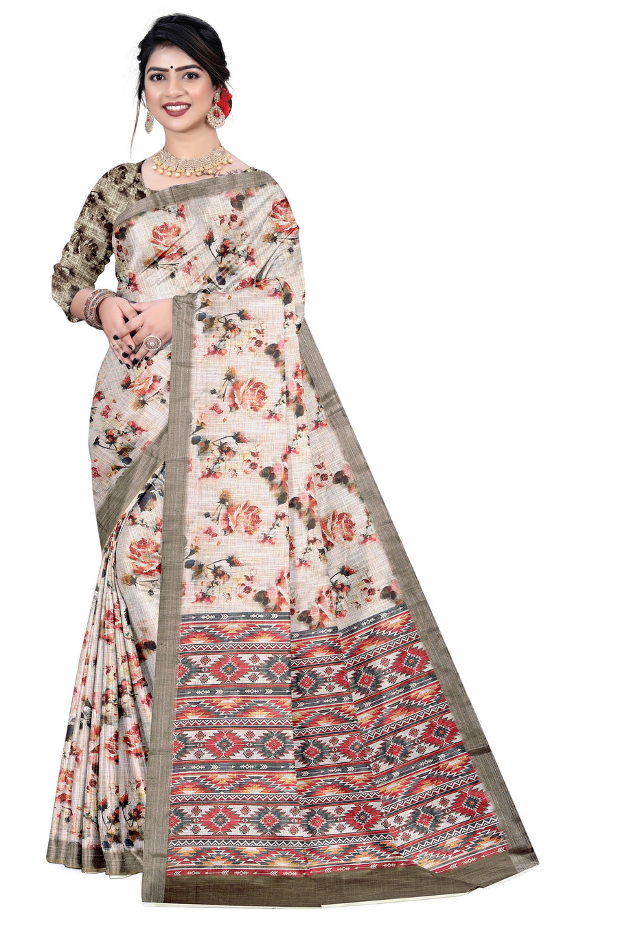 Women's Olive Paisley Printed Linen Blend Saree with Blue Border | Elegant Floral Ethnic Wear for Festive & Daily Use