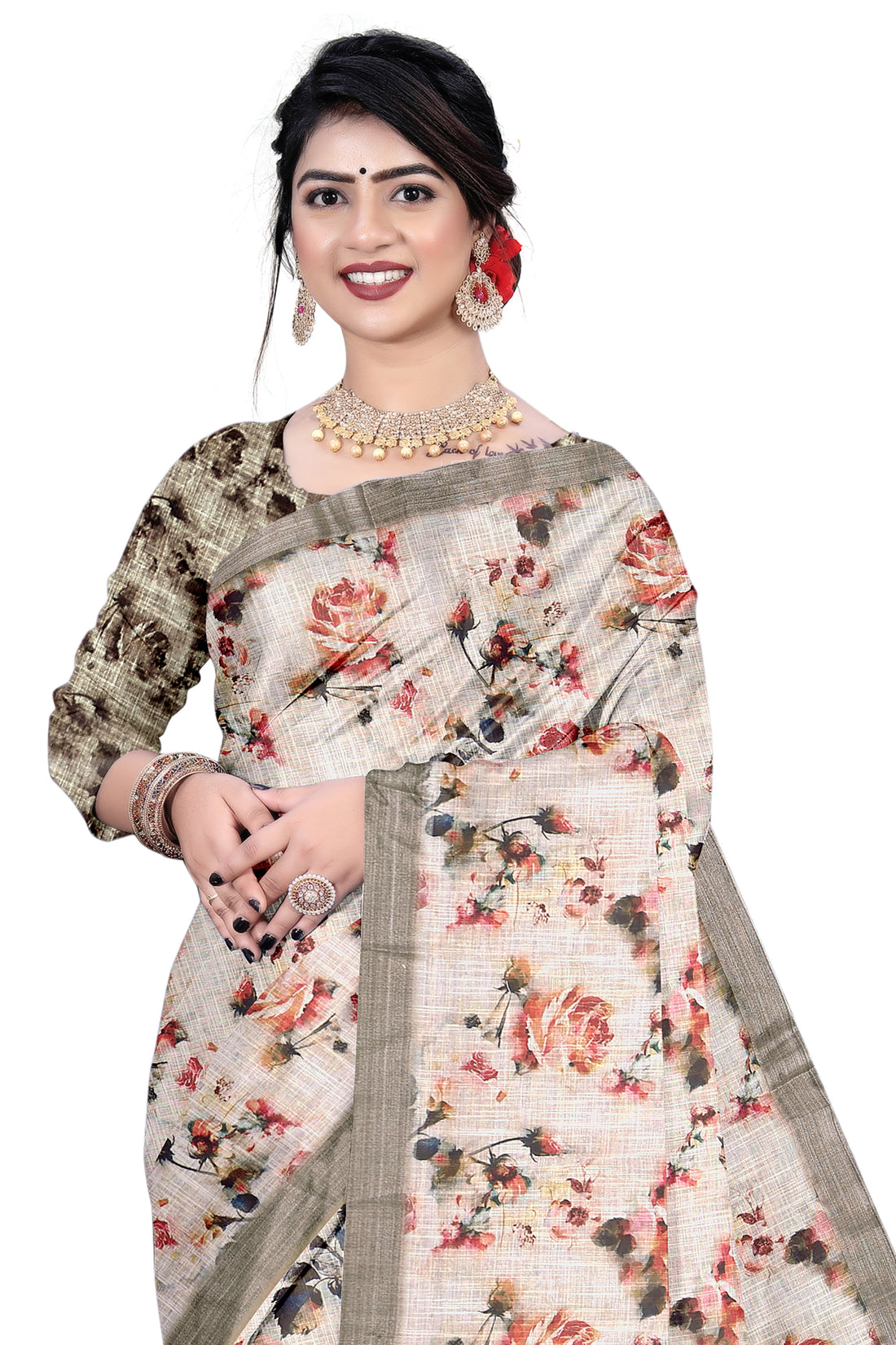 Women's Olive Paisley Printed Linen Blend Saree with Blue Border | Elegant Floral Ethnic Wear for Festive & Daily Use