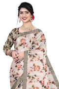 Women's Olive Paisley Printed Linen Blend Saree with Blue Border | Elegant Floral Ethnic Wear for Festive & Daily Use