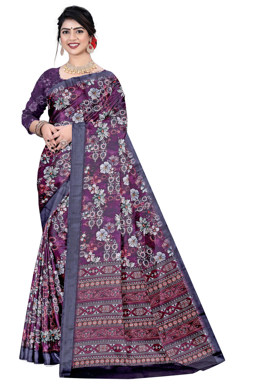 Women's Olive Paisley Printed Linen Blend Saree with Blue Border | Elegant Floral Ethnic Wear for Festive & Daily Use
