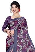 Women's Olive Paisley Printed Linen Blend Saree with Blue Border | Elegant Floral Ethnic Wear for Festive & Daily Use
