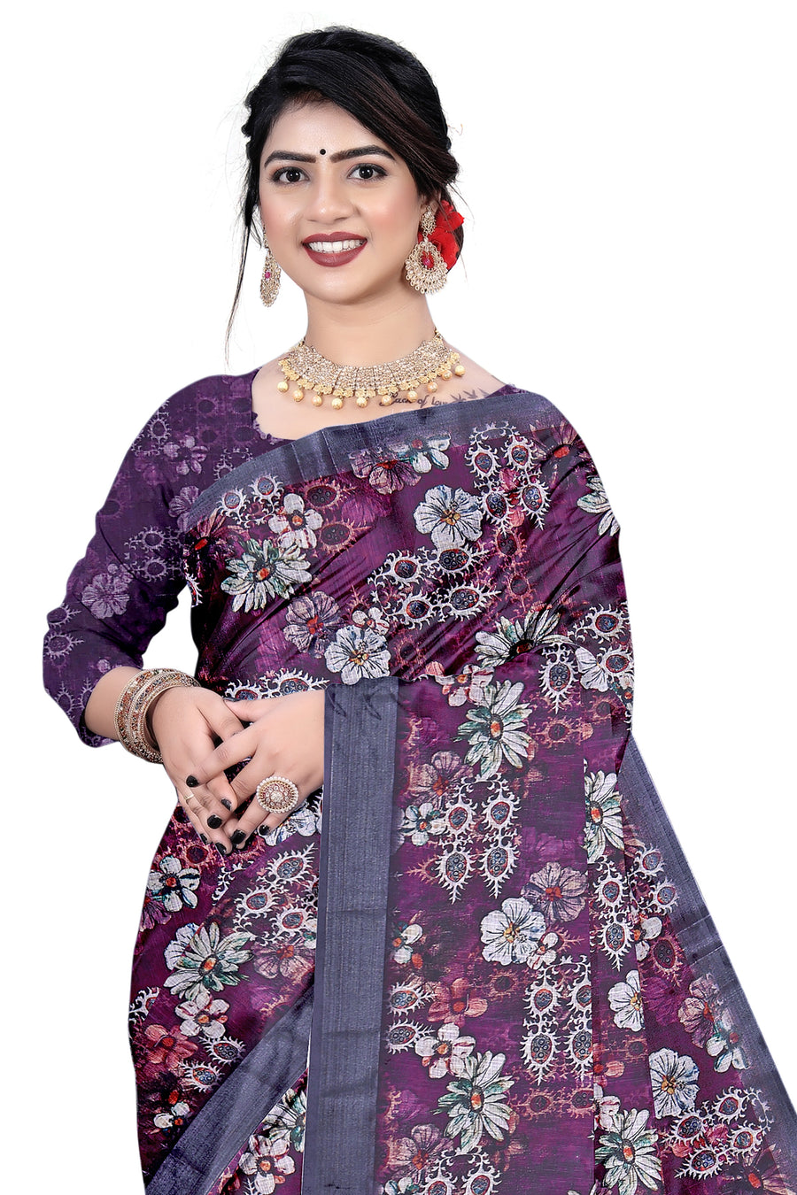 Women's Olive Paisley Printed Linen Blend Saree with Blue Border | Elegant Floral Ethnic Wear for Festive & Daily Use