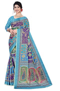 Women's Olive Paisley Printed Linen Blend Saree with Blue Border | Elegant Floral Ethnic Wear for Festive & Daily Use
