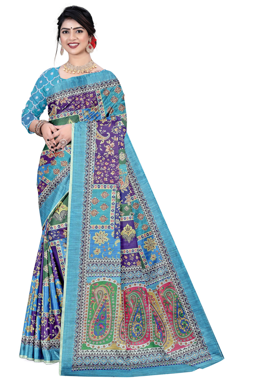Women's Olive Paisley Printed Linen Blend Saree with Blue Border | Elegant Floral Ethnic Wear for Festive & Daily Use