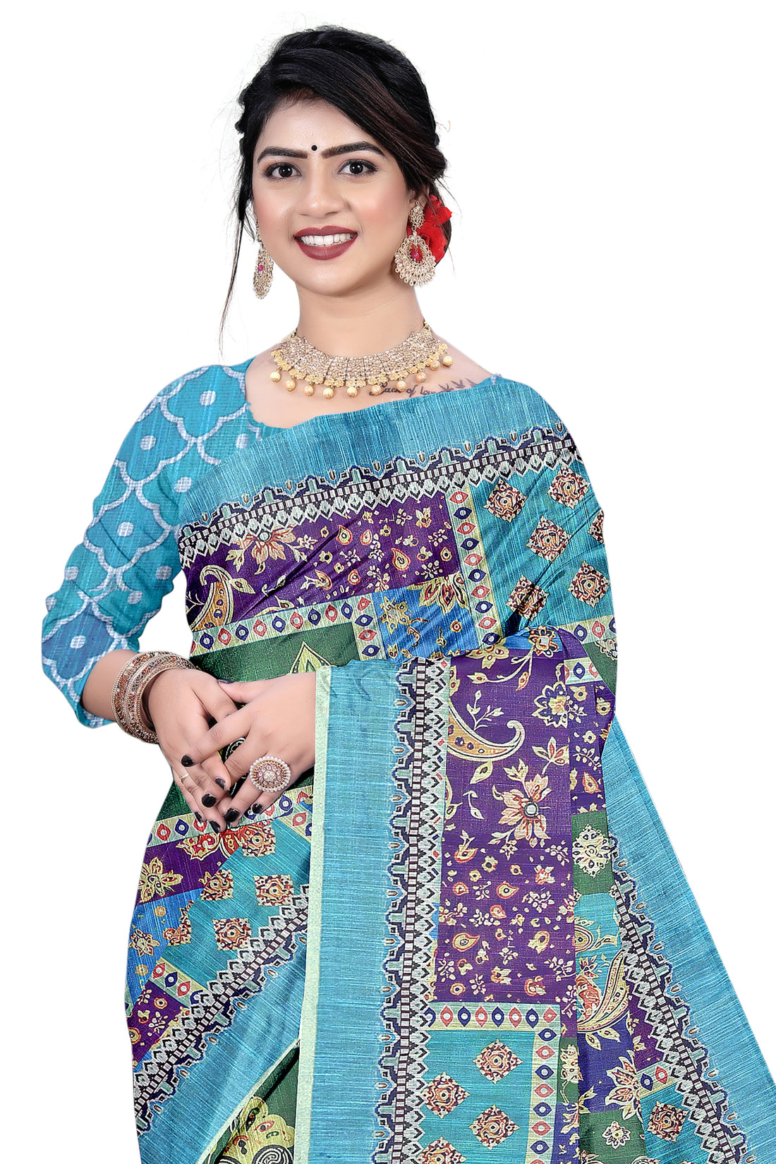 Women's Olive Paisley Printed Linen Blend Saree with Blue Border | Elegant Floral Ethnic Wear for Festive & Daily Use