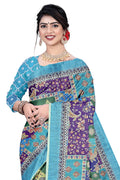 Women's Olive Paisley Printed Linen Blend Saree with Blue Border | Elegant Floral Ethnic Wear for Festive & Daily Use