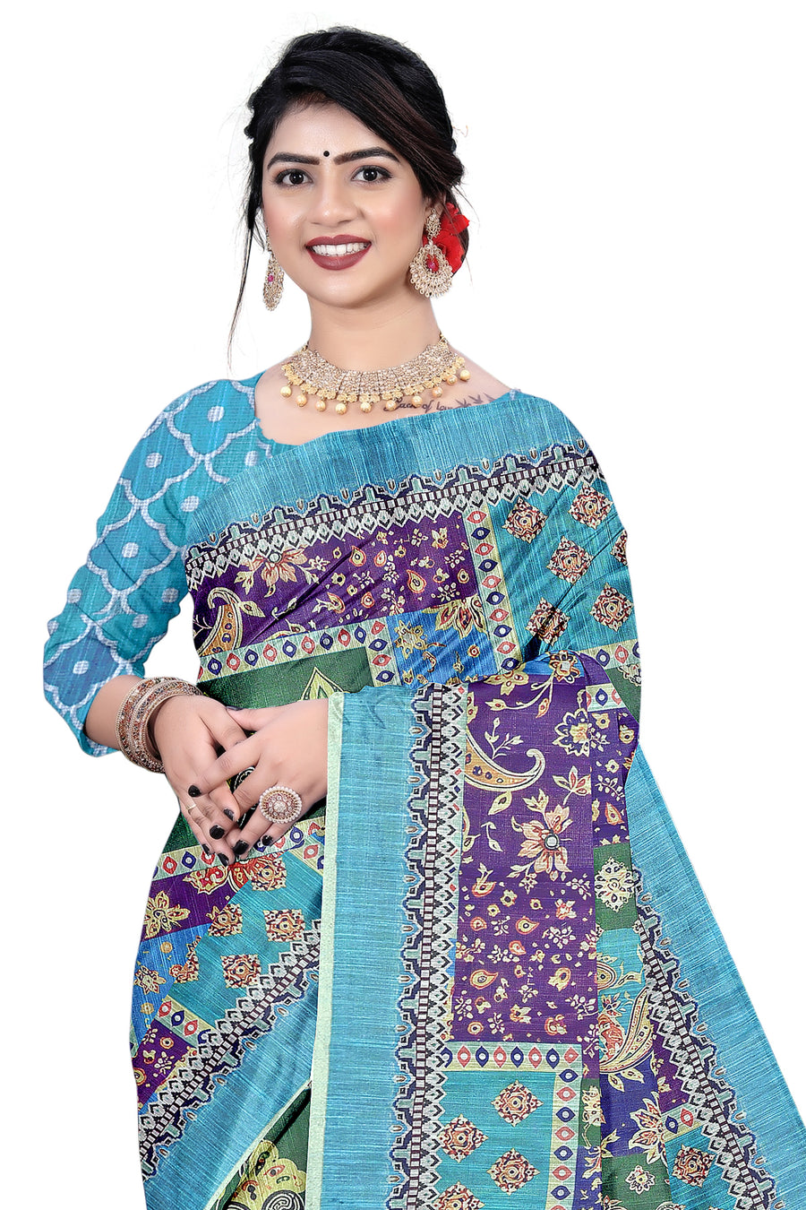 Women's Olive Paisley Printed Linen Blend Saree with Blue Border | Elegant Floral Ethnic Wear for Festive & Daily Use