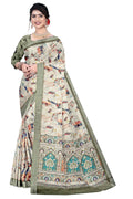 Women's Olive Paisley Printed Linen Blend Saree with Blue Border | Elegant Floral Ethnic Wear for Festive & Daily Use