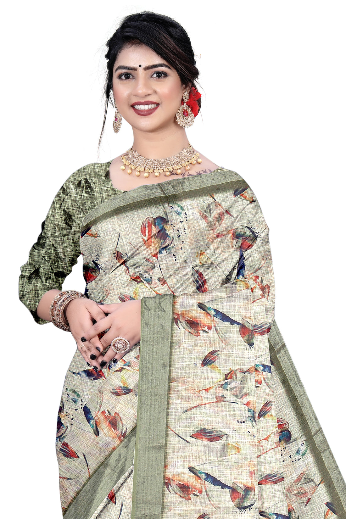 Women's Olive Paisley Printed Linen Blend Saree with Blue Border | Elegant Floral Ethnic Wear for Festive & Daily Use