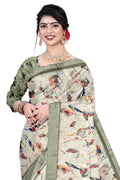Women's Olive Paisley Printed Linen Blend Saree with Blue Border | Elegant Floral Ethnic Wear for Festive & Daily Use