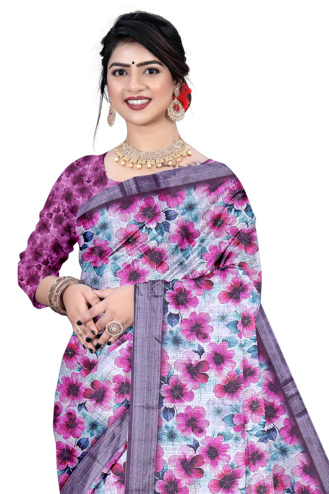 Women's Olive Paisley Printed Linen Blend Saree with Blue Border | Elegant Floral Ethnic Wear for Festive & Daily Use