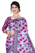 Women's Olive Paisley Printed Linen Blend Saree with Blue Border | Elegant Floral Ethnic Wear for Festive & Daily Use
