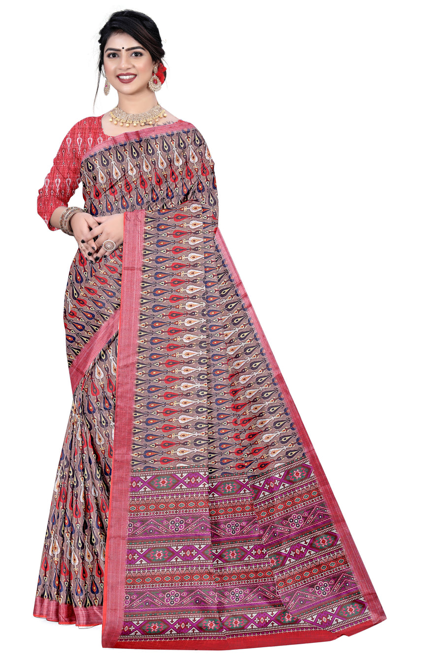 Women's Olive Paisley Printed Linen Blend Saree with Blue Border | Elegant Floral Ethnic Wear for Festive & Daily Use