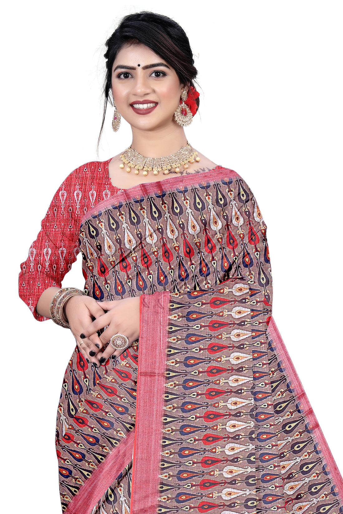 Women's Olive Paisley Printed Linen Blend Saree with Blue Border | Elegant Floral Ethnic Wear for Festive & Daily Use
