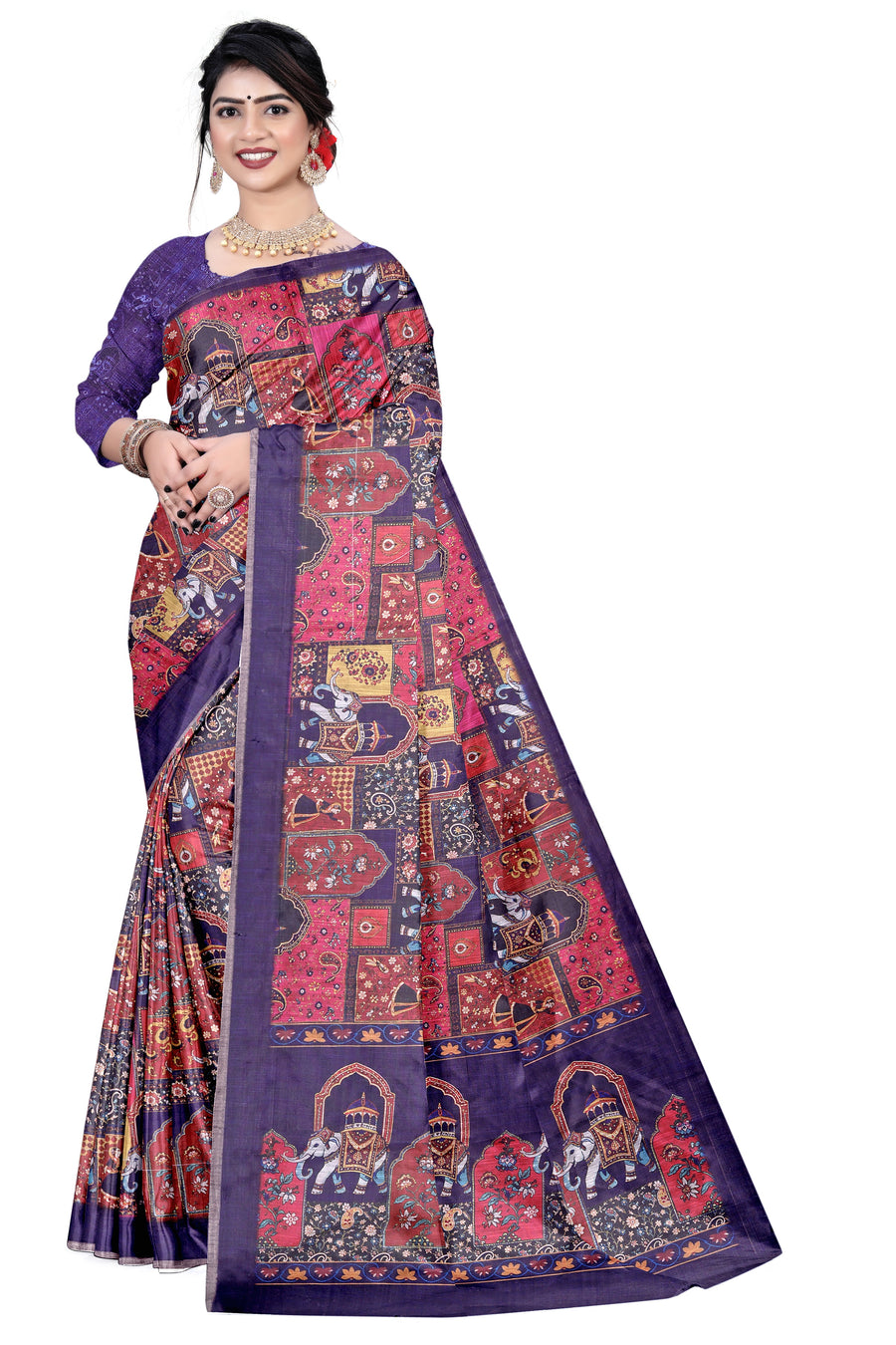 Women's Olive  Paisley Printed Linen Blend Saree with Blue Border | Elegant Floral Ethnic Wear for Festive & Daily Use
