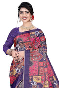 Women's Olive  Paisley Printed Linen Blend Saree with Blue Border | Elegant Floral Ethnic Wear for Festive & Daily Use