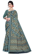 Women's Olive Green Paisley Printed Linen Blend with Blue Border | Elegant Floral Ethnic Wear for Festive & Daily Use