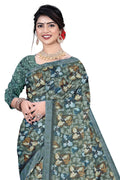 Women's Olive Green Paisley Printed Linen Blend with Blue Border | Elegant Floral Ethnic Wear for Festive & Daily Use