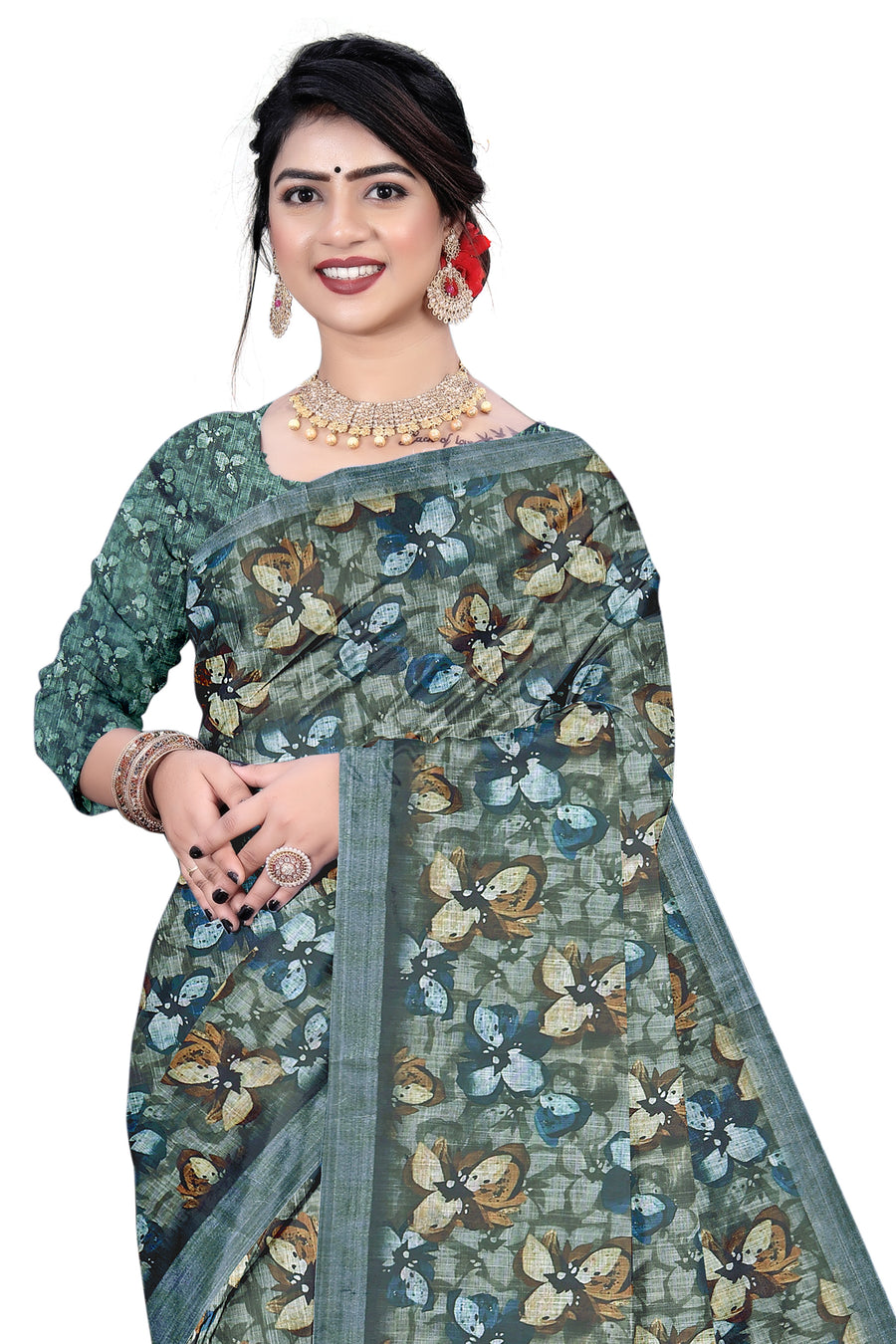 Women's Olive Green Paisley Printed Linen Blend with Blue Border | Elegant Floral Ethnic Wear for Festive & Daily Use