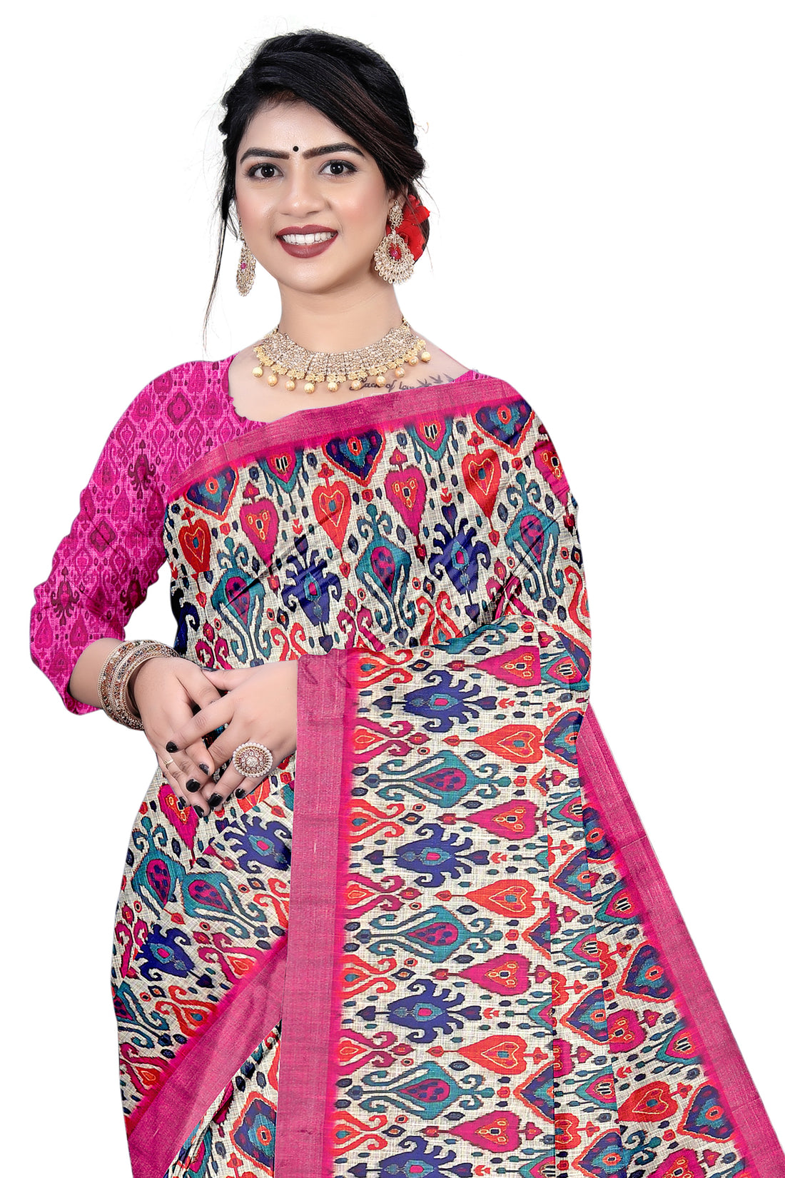 Women's Olive Paisley Printed Linen Blend Saree with Blue Border | Elegant Floral Ethnic Wear for Festive & Daily Use