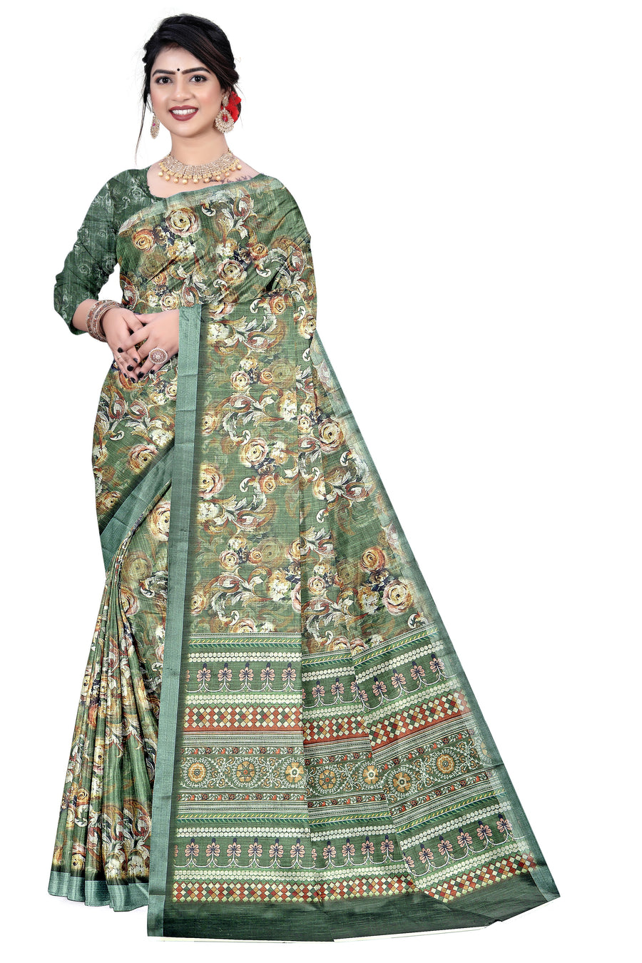 Women's Olive Paisley Printed Linen Blend Saree with Blue Border | Elegant Floral Ethnic Wear for Festive & Daily Use
