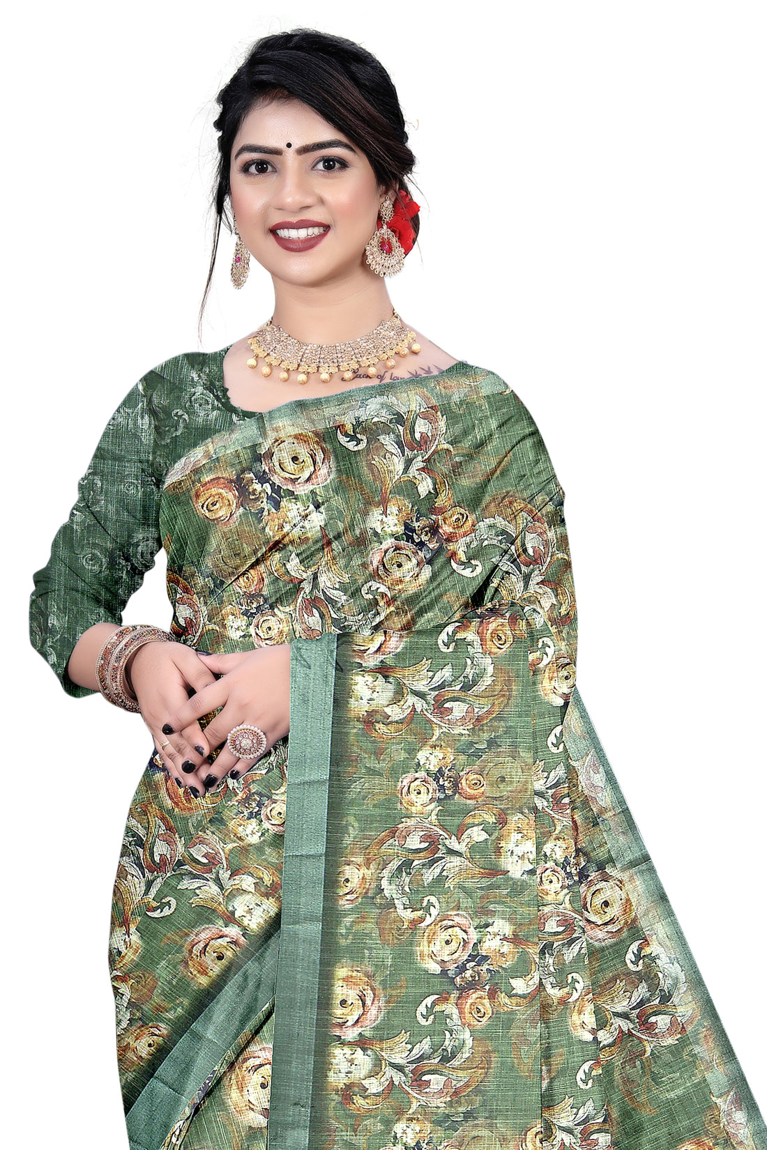 Women's Olive Paisley Printed Linen Blend Saree with Blue Border | Elegant Floral Ethnic Wear for Festive & Daily Use