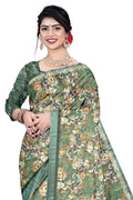 Women's Olive Paisley Printed Linen Blend Saree with Blue Border | Elegant Floral Ethnic Wear for Festive & Daily Use