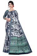 Women's Olive Paisley Printed Linen Blend Saree with Blue Border | Elegant Floral Ethnic Wear for Festive & Daily Use
