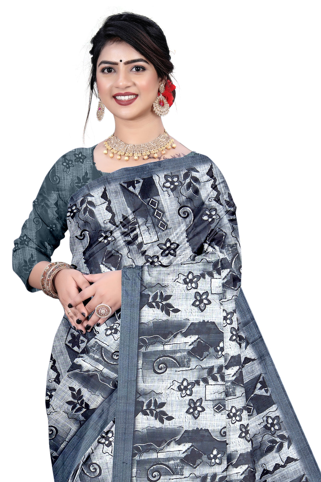 Women's Olive Paisley Printed Linen Blend Saree with Blue Border | Elegant Floral Ethnic Wear for Festive & Daily Use