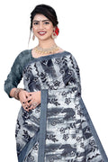 Women's Olive Paisley Printed Linen Blend Saree with Blue Border | Elegant Floral Ethnic Wear for Festive & Daily Use