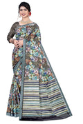 Women's Olive Paisley Printed Linen Blend Saree with Blue Border | Elegant Floral Ethnic Wear for Festive & Daily Use