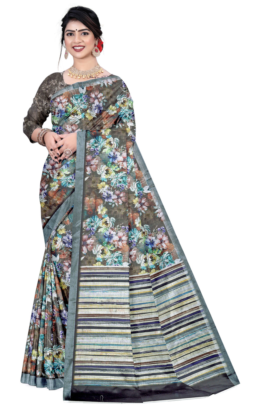 Women's Olive Paisley Printed Linen Blend Saree with Blue Border | Elegant Floral Ethnic Wear for Festive & Daily Use