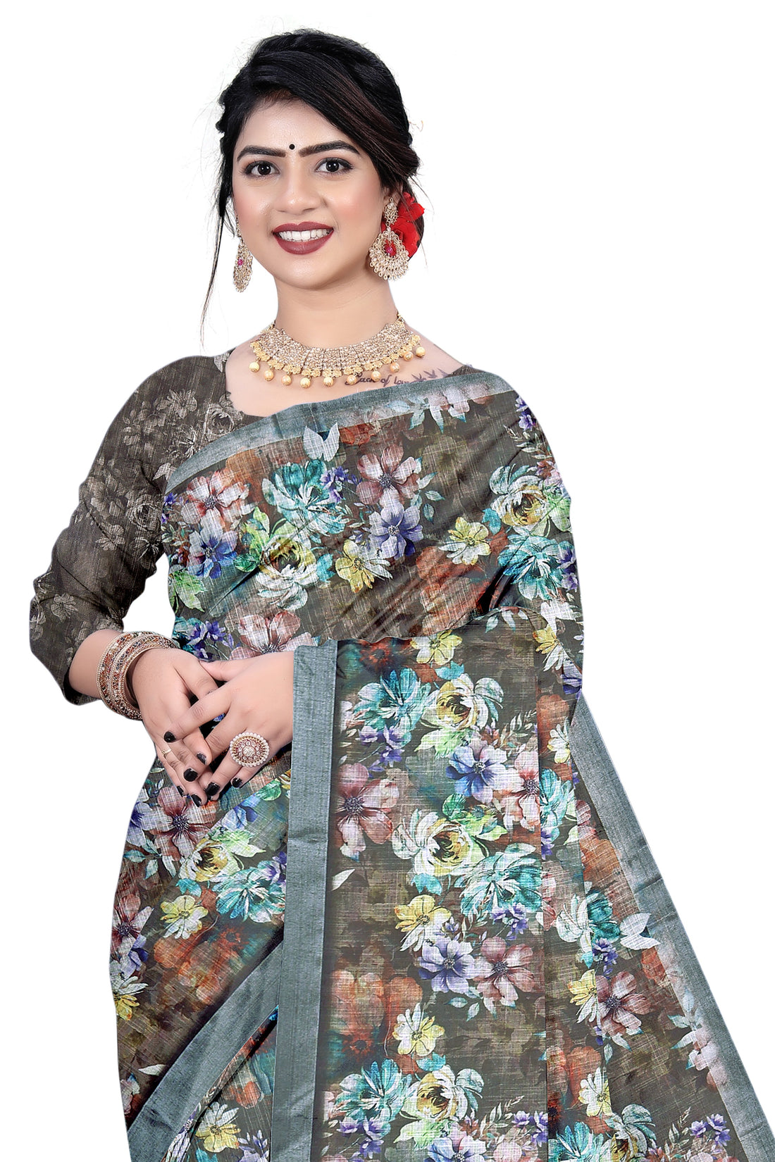 Women's Olive Paisley Printed Linen Blend Saree with Blue Border | Elegant Floral Ethnic Wear for Festive & Daily Use