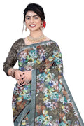Women's Olive Paisley Printed Linen Blend Saree with Blue Border | Elegant Floral Ethnic Wear for Festive & Daily Use
