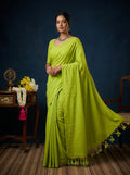 Women's Olive Paisley Printed Linen Blend Saree with Blue Border | Elegant Floral Ethnic Wear for Festive & Daily Use