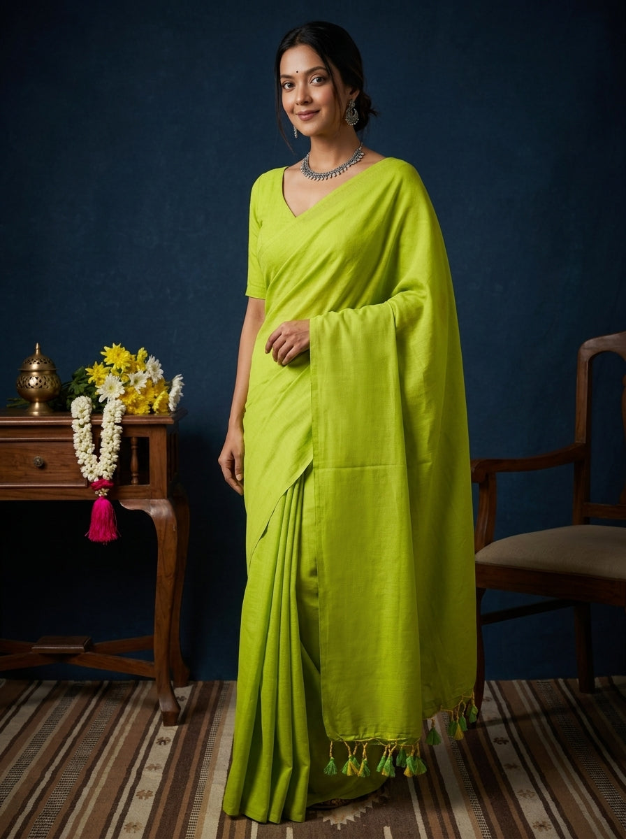 Women's Olive Paisley Printed Linen Blend Saree with Blue Border | Elegant Floral Ethnic Wear for Festive & Daily Use